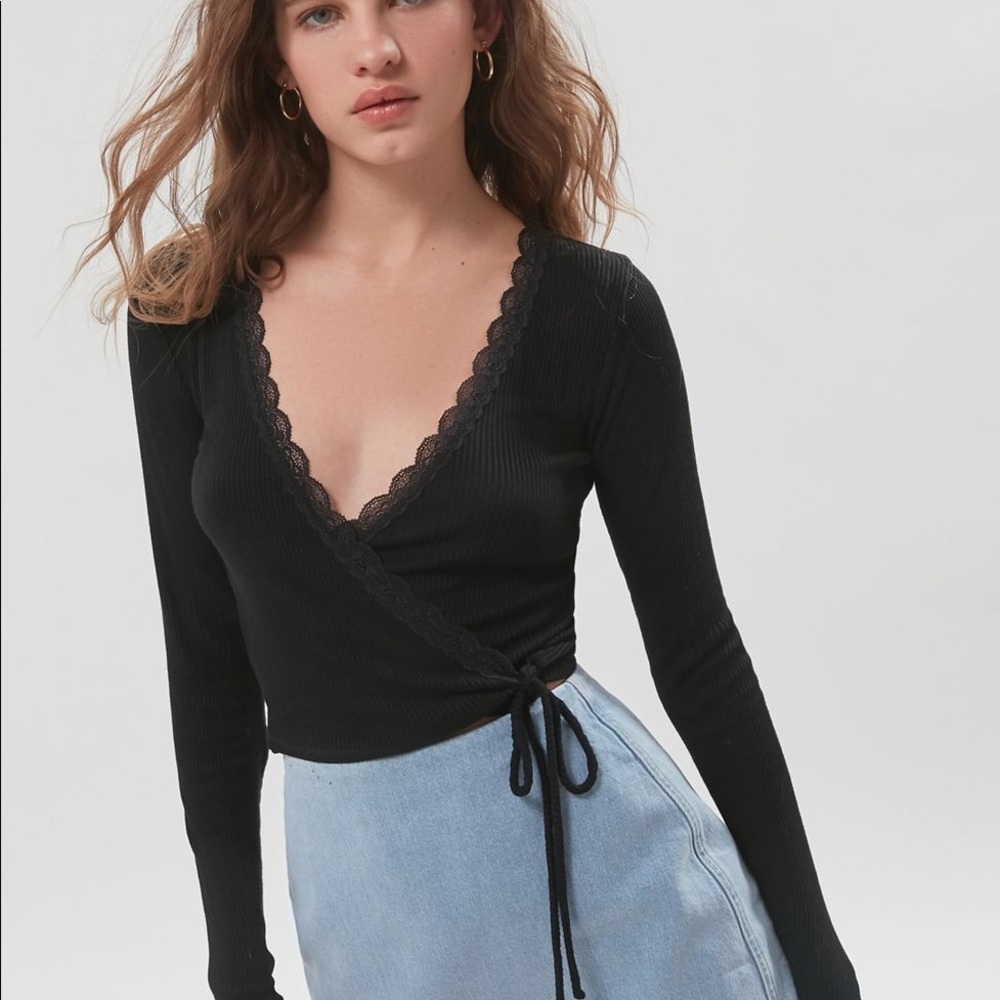 UO Ripped Lace Trim Wrap Top